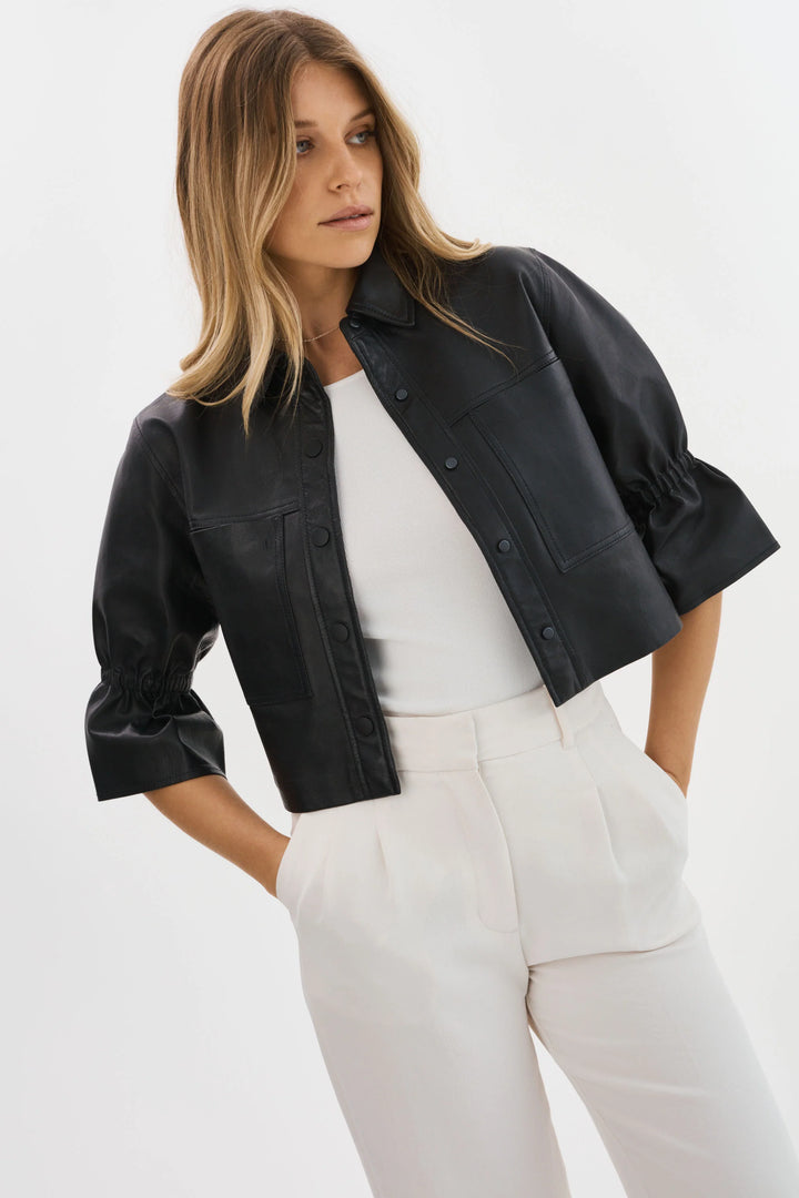 CAROLINA Leather Ruffle Sleeve Jacket - Black