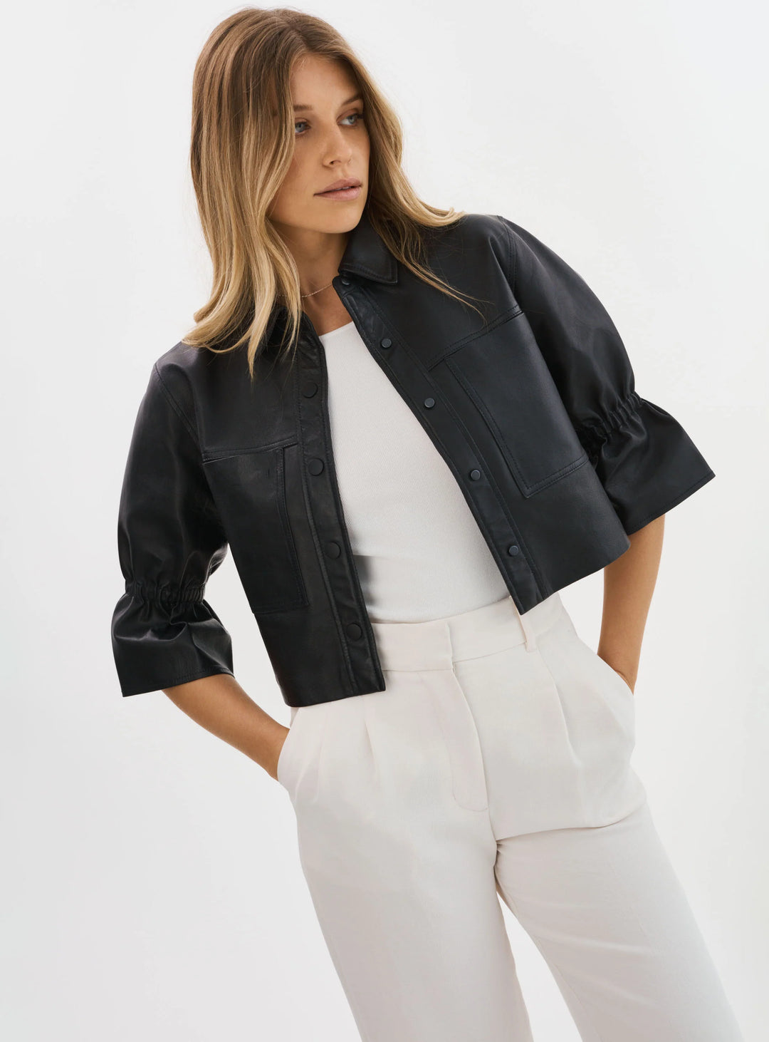 CAROLINA | Leather Ruffle Sleeve Jacket - Black