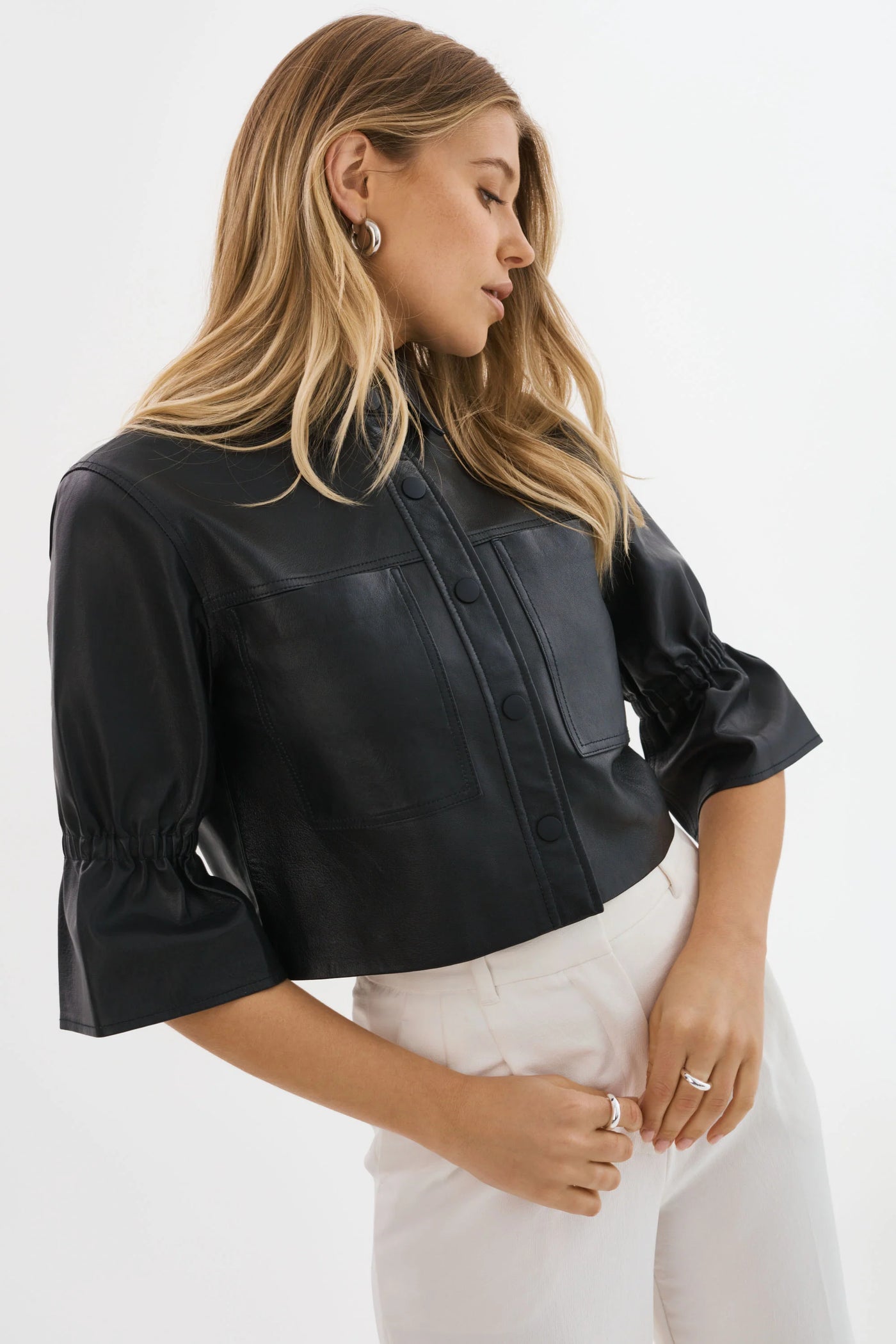 CAROLINA Leather Ruffle Sleeve Jacket - Black