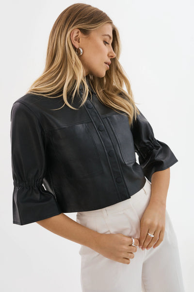 CAROLINA Leather Ruffle Sleeve Jacket - Black