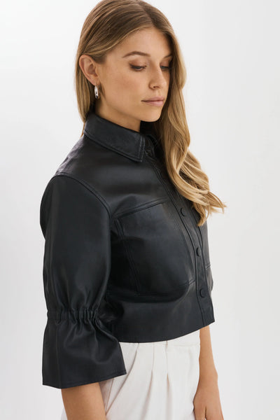 CAROLINA Leather Ruffle Sleeve Jacket - Black
