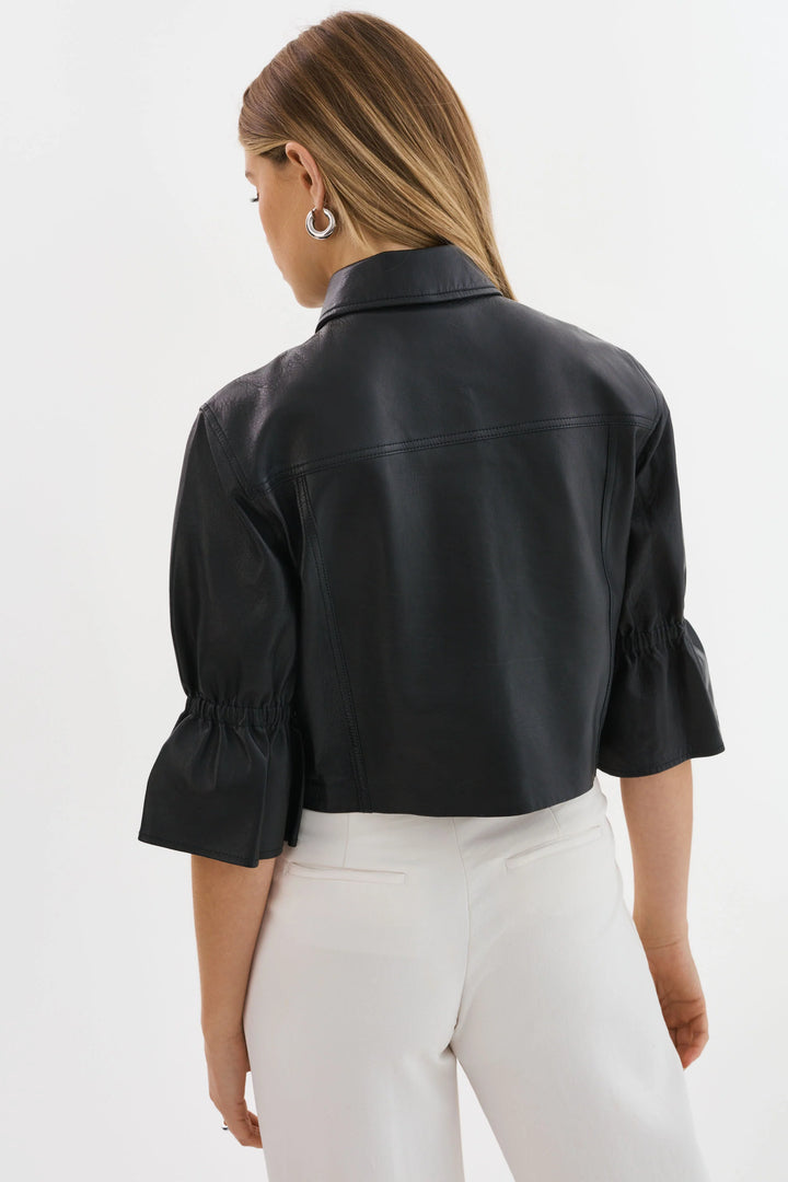 CAROLINA Leather Ruffle Sleeve Jacket - Black