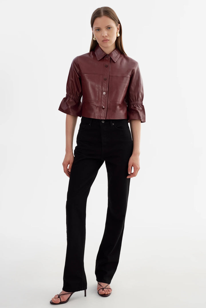Carolina Leather Ruffle Sleeve Jacket – Garnet
