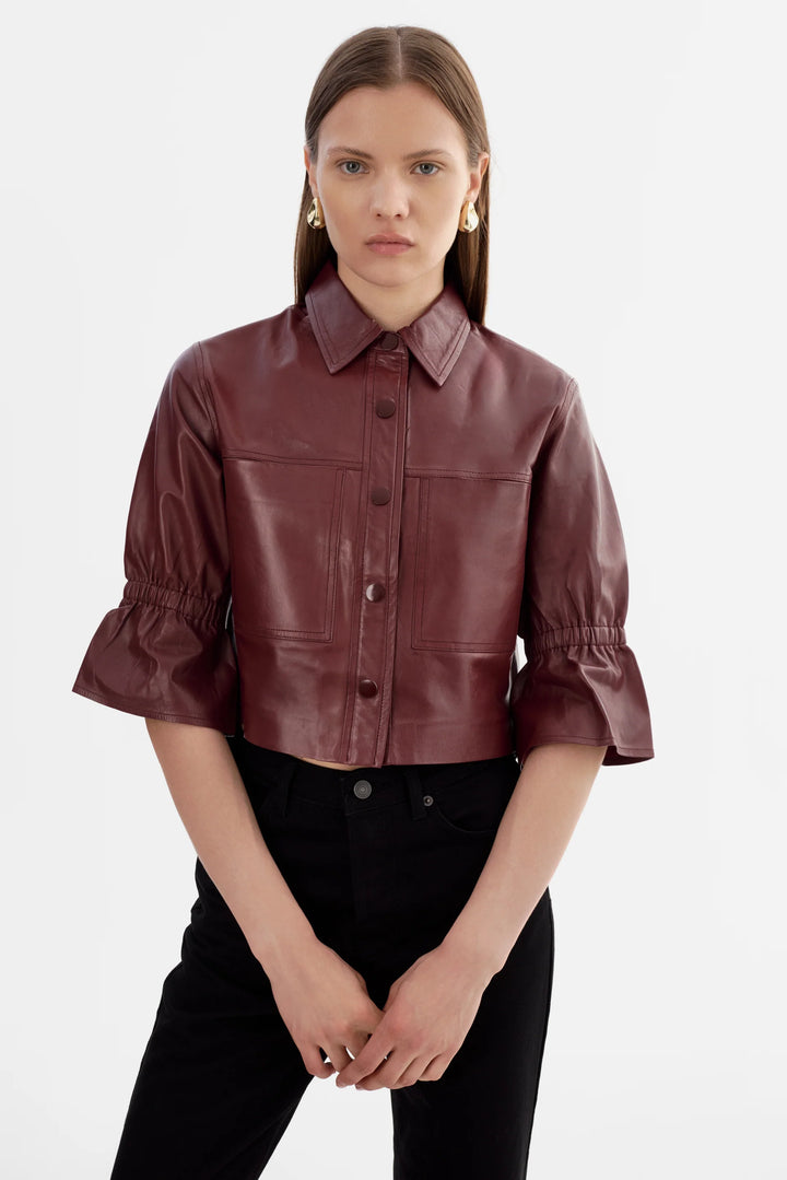 Carolina Leather Ruffle Sleeve Jacket – Garnet
