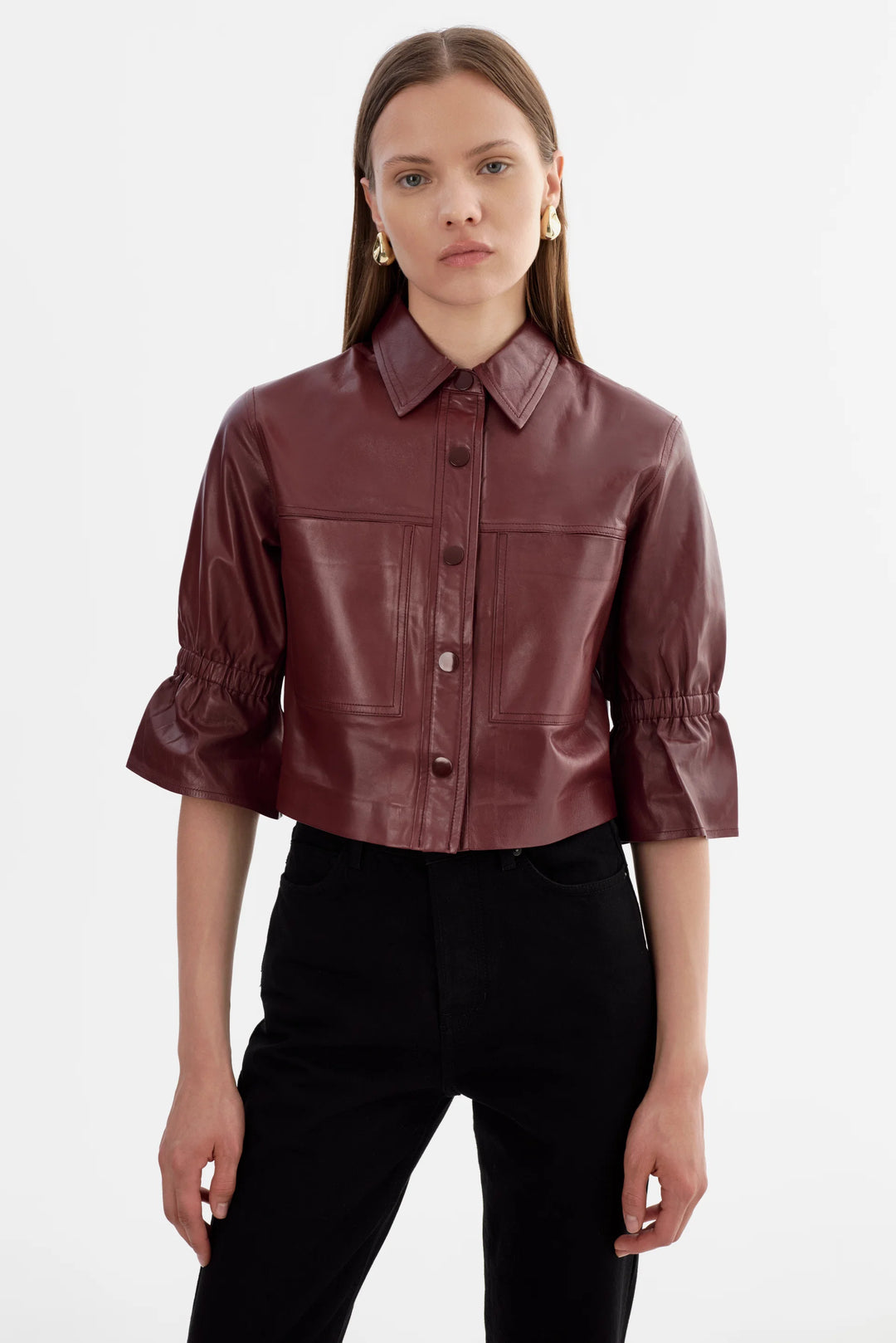 Carolina Leather Ruffle Sleeve Jacket – Garnet