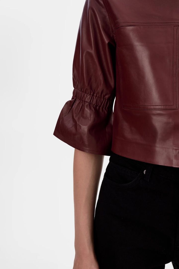 Carolina Leather Ruffle Sleeve Jacket – Garnet