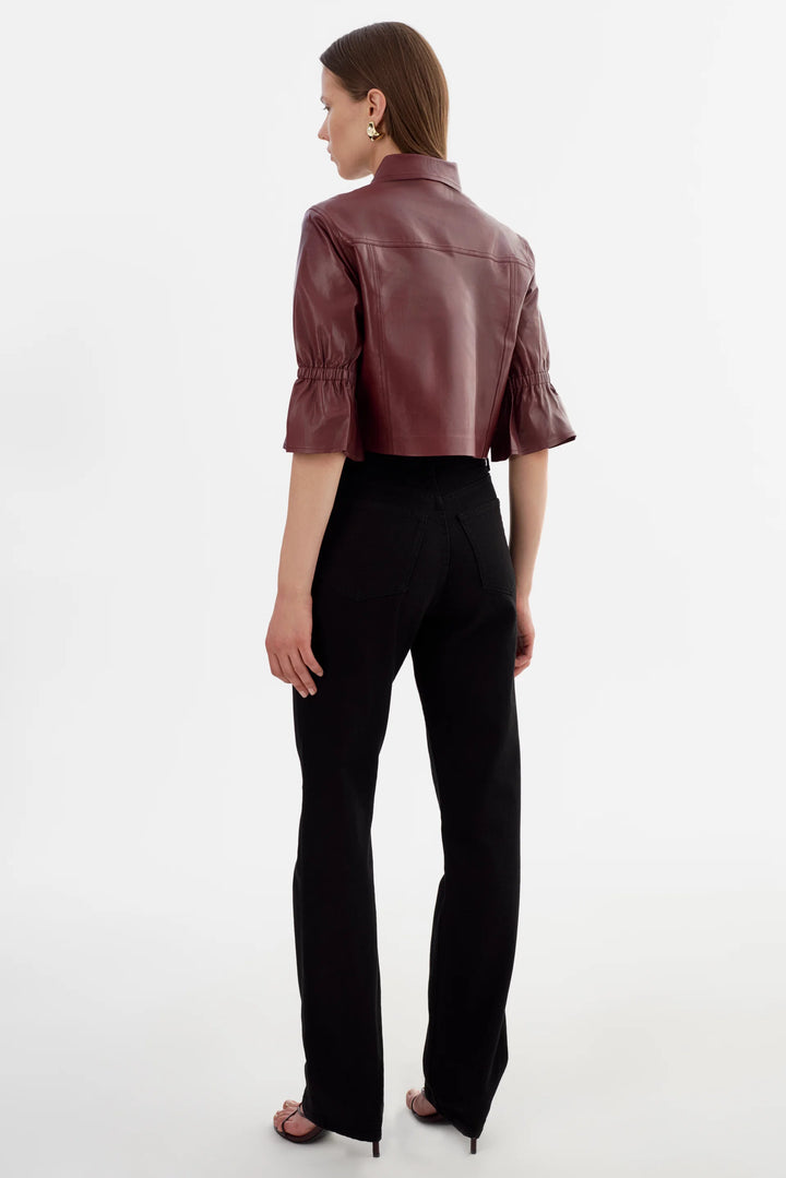 Carolina Leather Ruffle Sleeve Jacket – Garnet