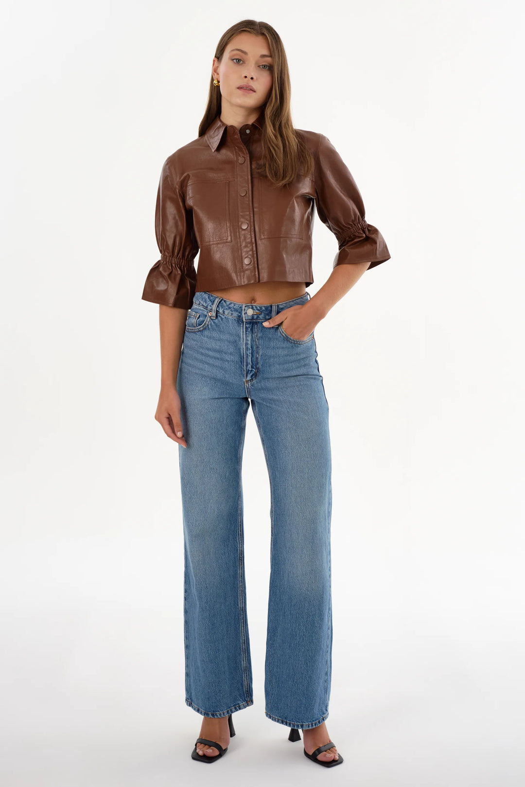 Carolina Leather Ruffle Sleeve Jacket - Dark Brown