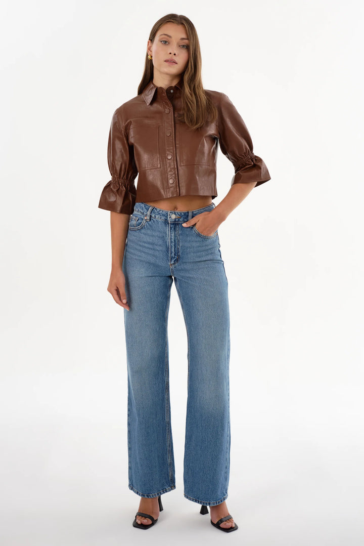 Carolina Leather Ruffle Sleeve Jacket - Dark Brown