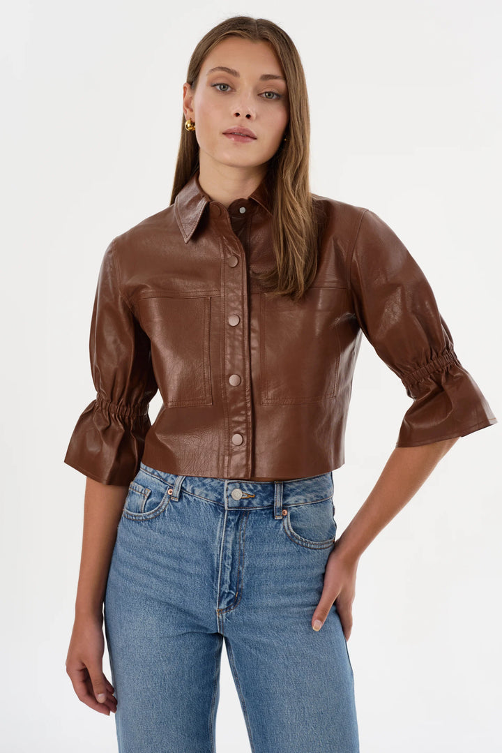 Carolina Leather Ruffle Sleeve Jacket - Dark Brown