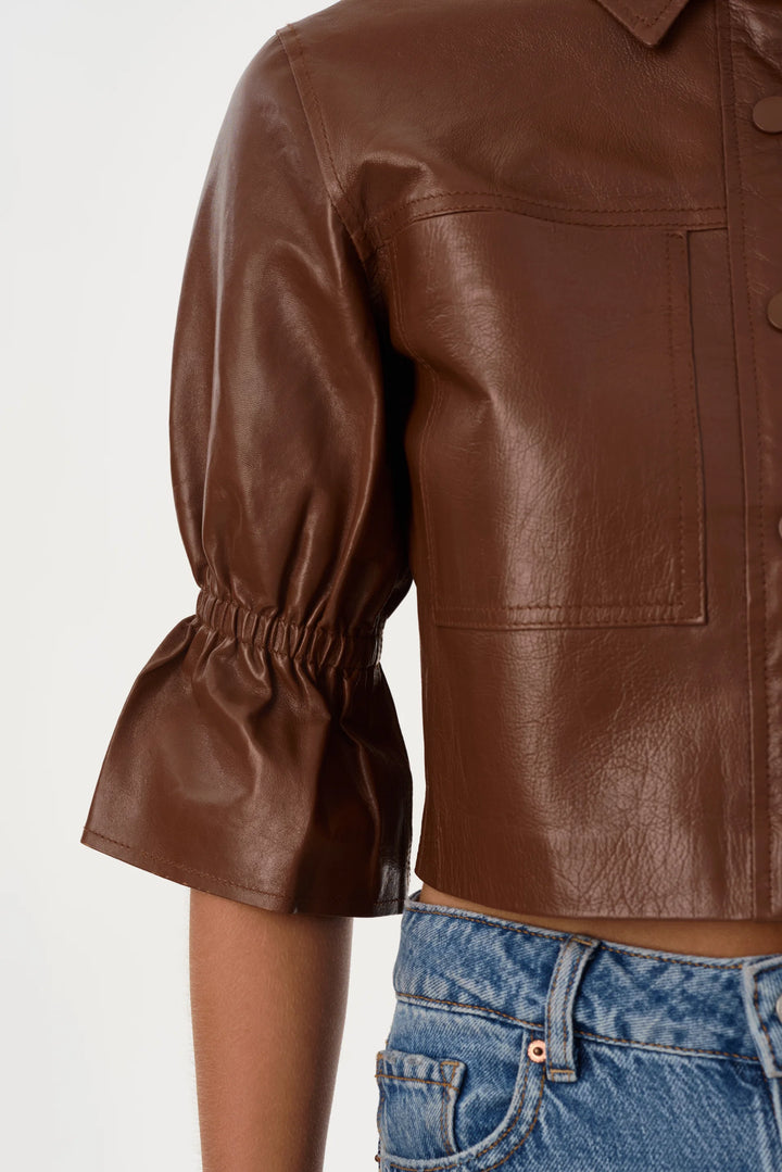Carolina Leather Ruffle Sleeve Jacket - Dark Brown