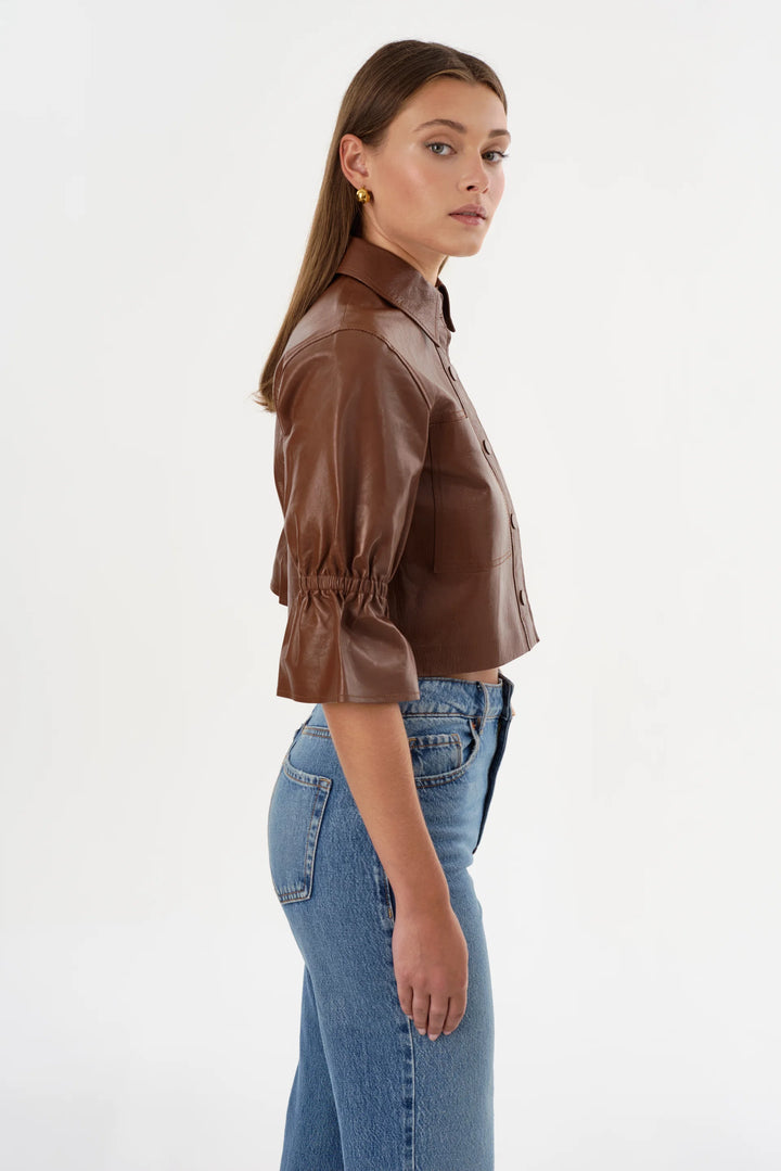 Carolina Leather Ruffle Sleeve Jacket - Dark Brown