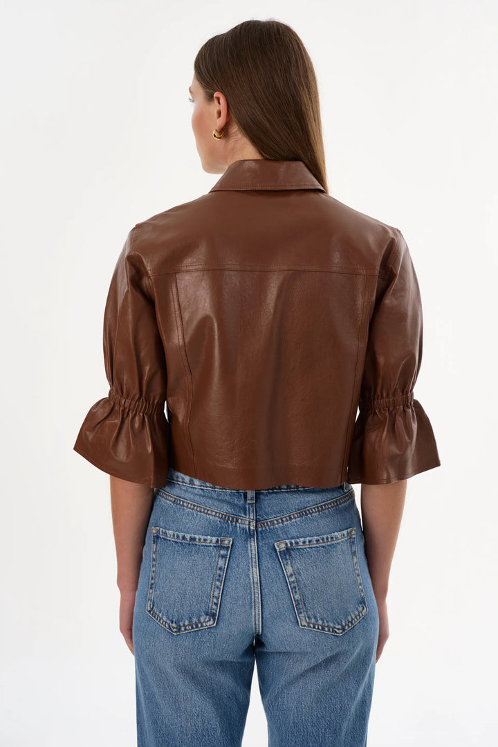 Carolina Leather Ruffle Sleeve Jacket - Dark Brown