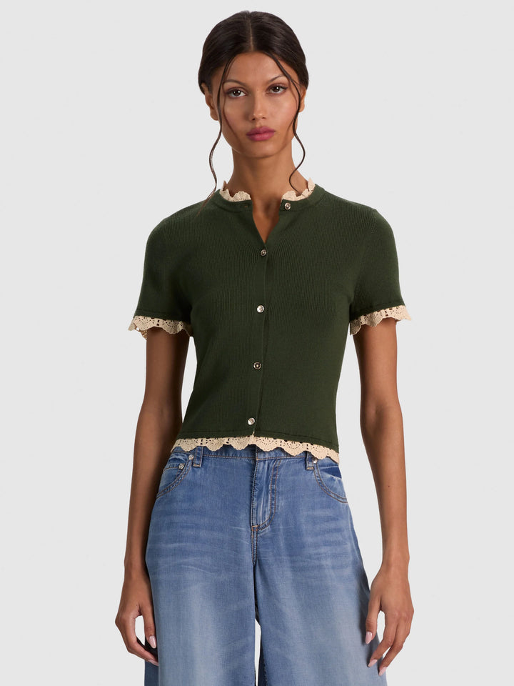 Ciara Lace Trim Cardigan - Dark Green