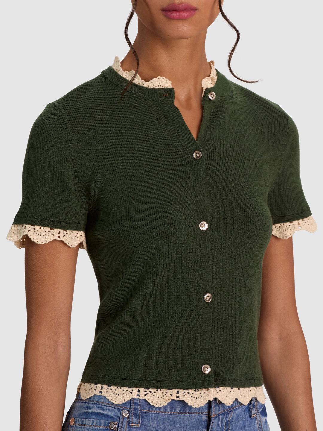 Ciara Lace Trim Cardigan - Dark Green