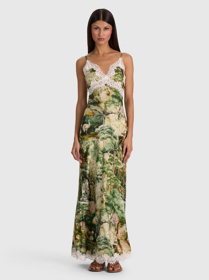 Julietta Lace Trim Slip Dress - Green Print
