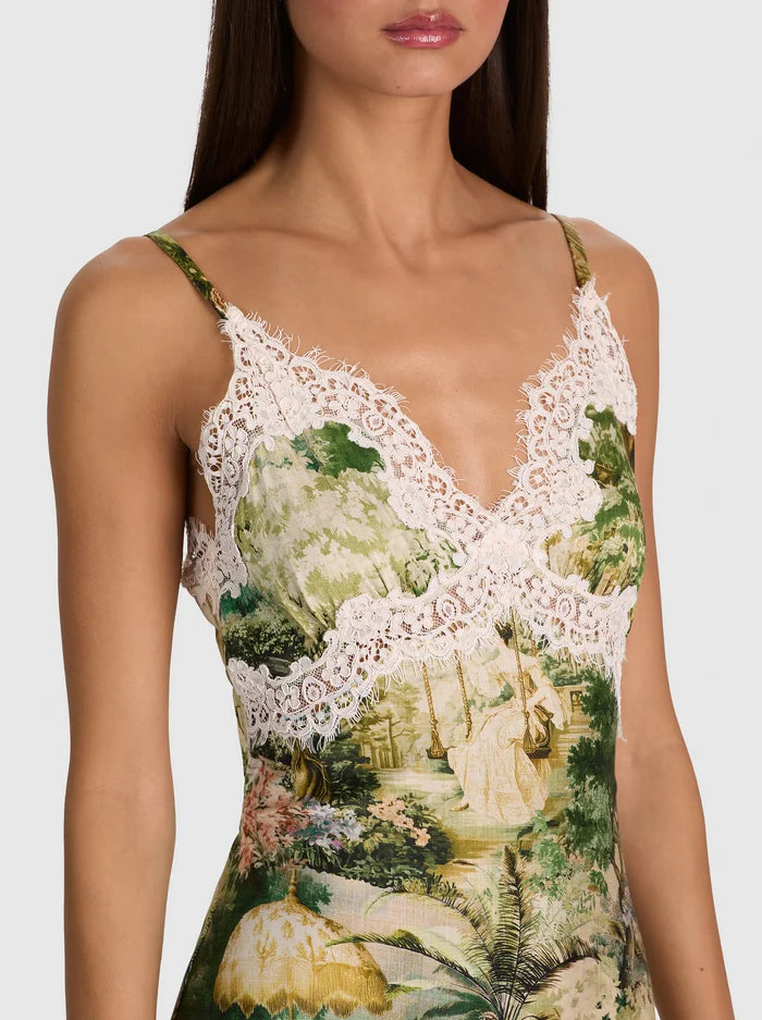 Julietta Lace Trim Slip Dress - Green Print