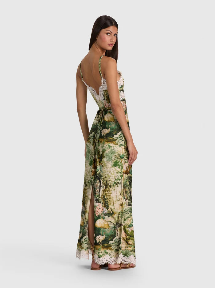 Julietta Lace Trim Slip Dress - Green Print