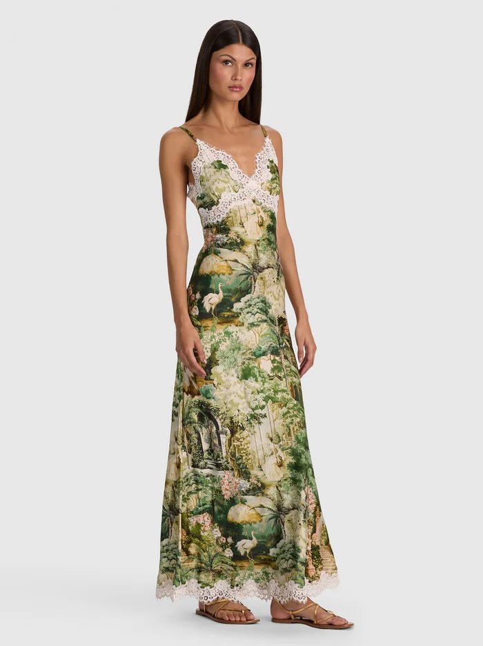 Julietta Lace Trim Slip Dress - Green Print