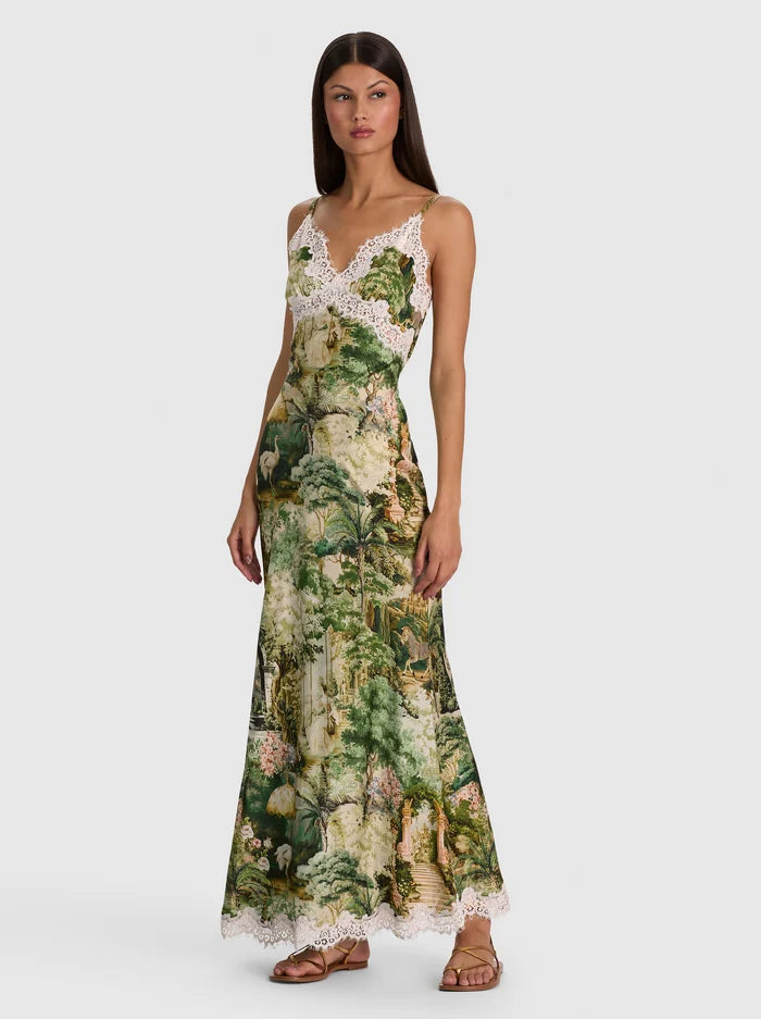 Julietta Lace Trim Slip Dress - Green Print