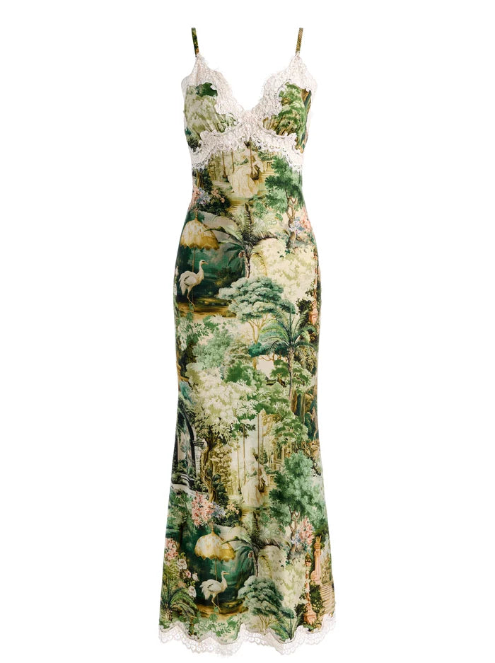 Julietta Lace Trim Slip Dress - Green Print