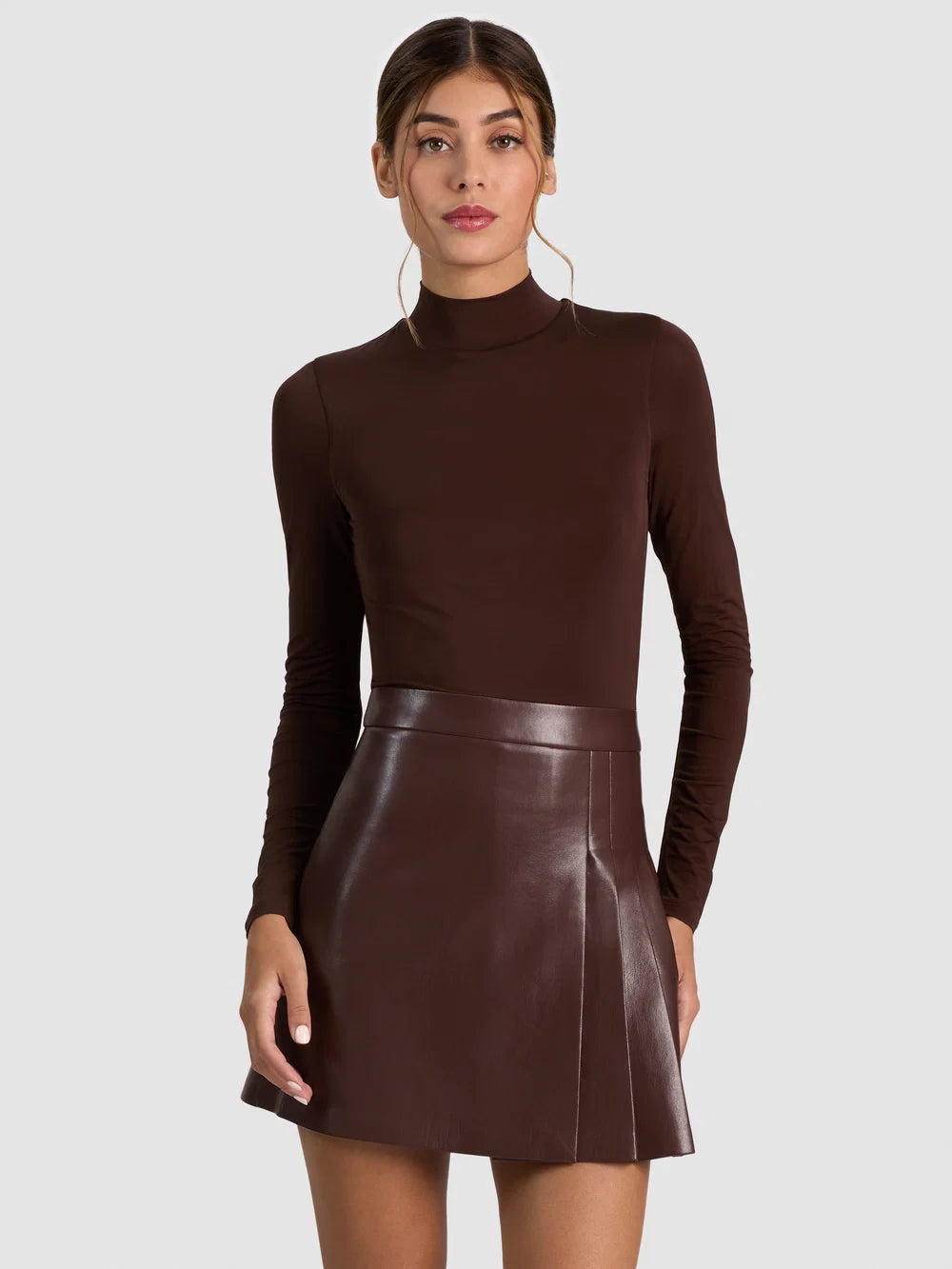 Chara Mixed-Media Pleated-Skirt Mini Dress - Dark Brown