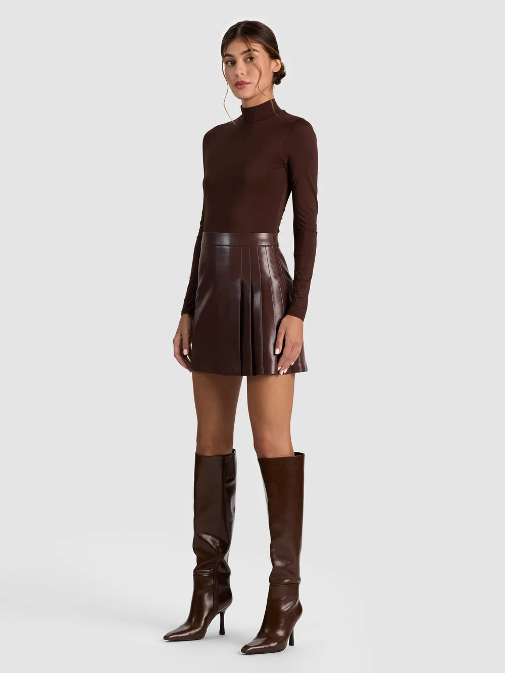 Chara Mixed-Media Pleated-Skirt Mini Dress - Dark Brown