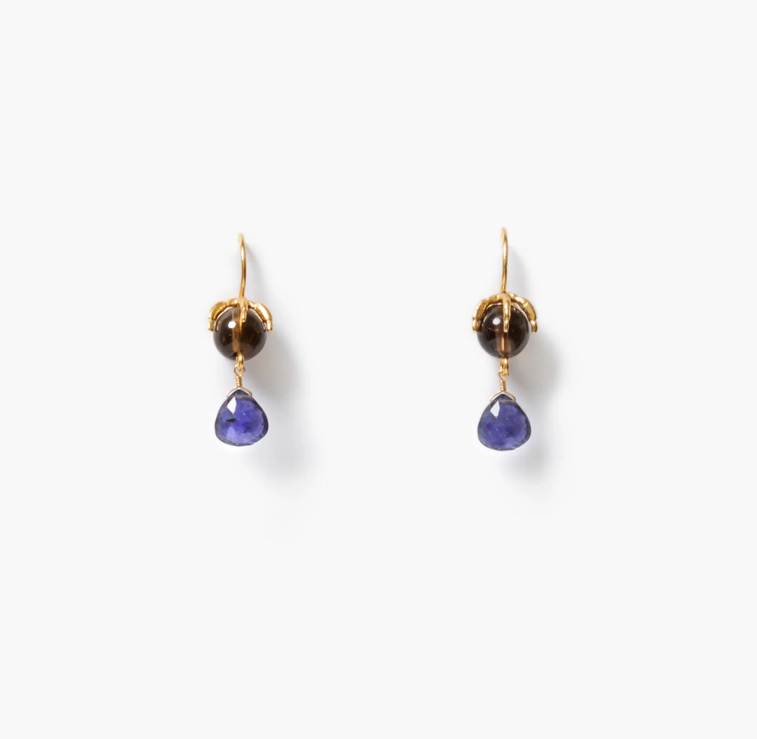 Mini Lark Drip Earrings -  Smokey Quartz and Iolite