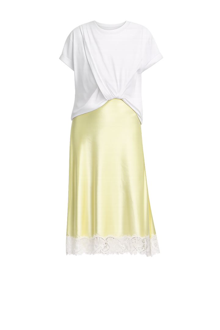 Draped Combo T-Shirt Dress with Lace Trim - White