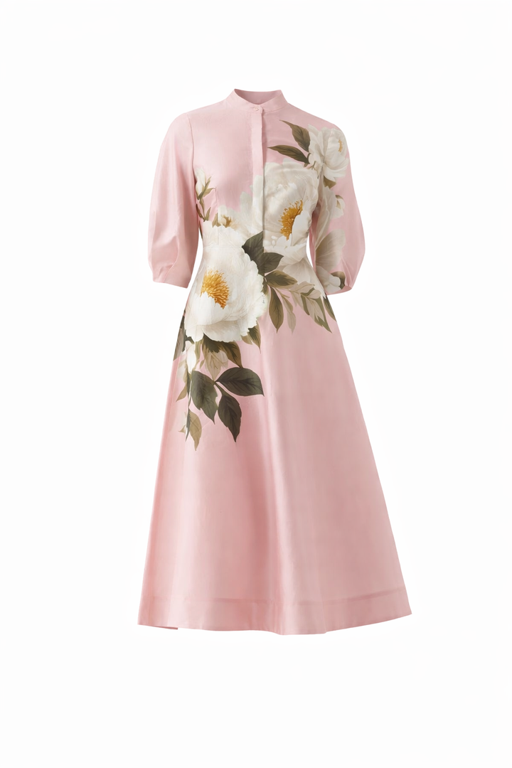 Cotton Flower Print Sleeve Full Skirt Dress - Pink Multi