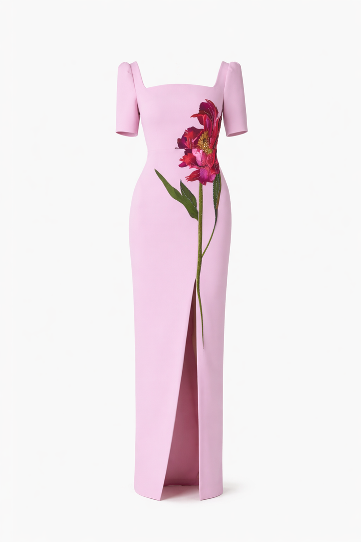 Crepe Flower Print Short Sleeve Column Gown - Pink Multi