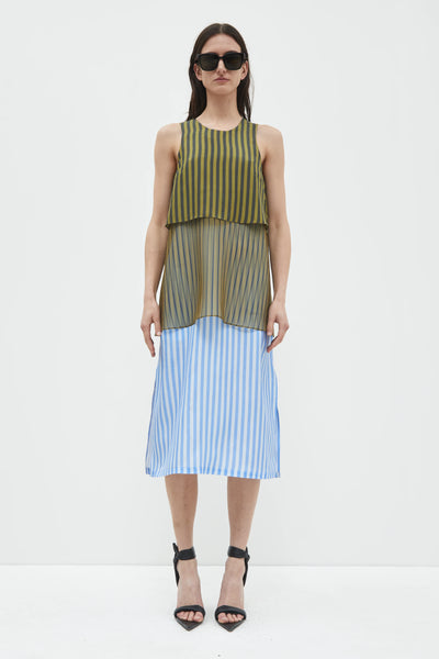 DANAI DRESS - Khaki Black Blue Stripes