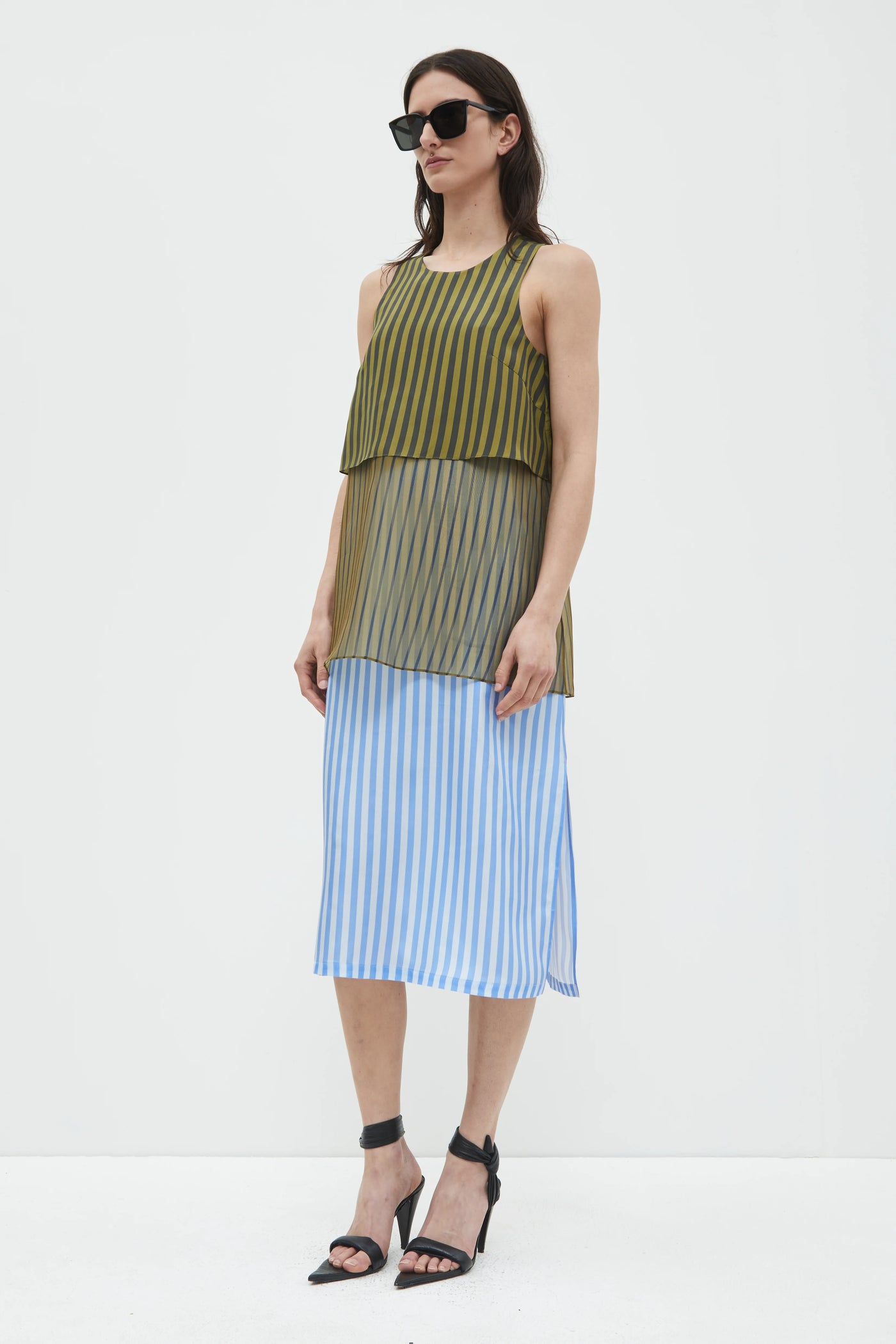 DANAI DRESS - Khaki Black Blue Stripes