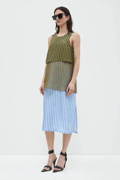 DANAI DRESS - Khaki Black Blue Stripes