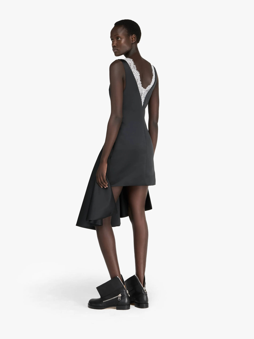 DRAPED HEMLINE V-NECK DRESS - Black