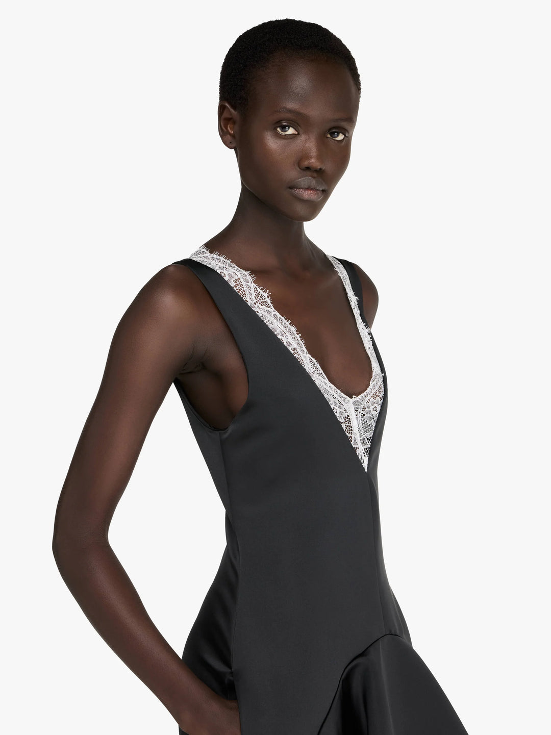 DRAPED HEMLINE V-NECK DRESS - Black