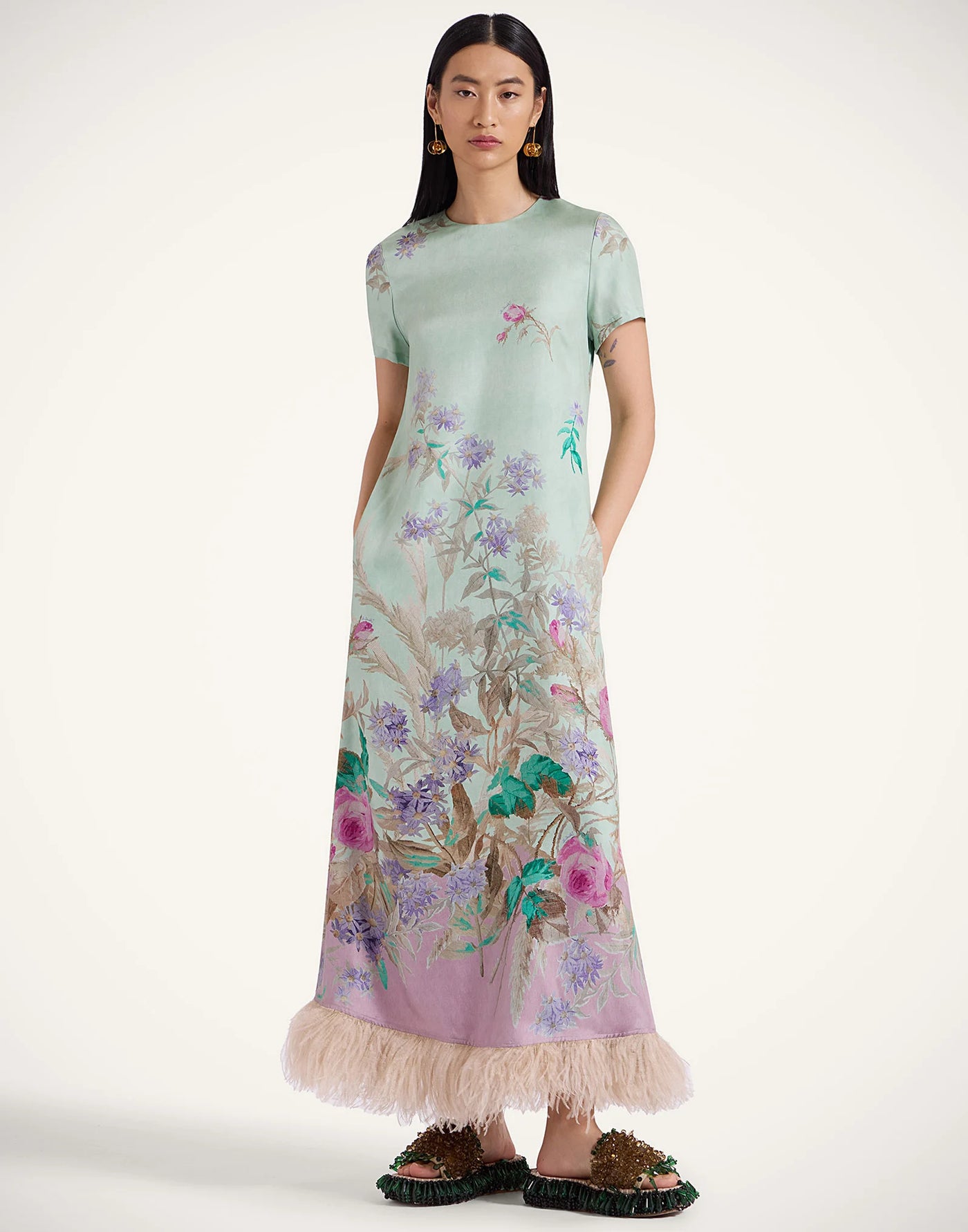 Swing Dress with Feathers - Heath Placée Mint in Silk Twill