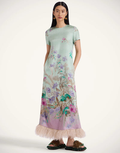 Swing Dress with Feathers - Heath Placée Mint in Silk Twill