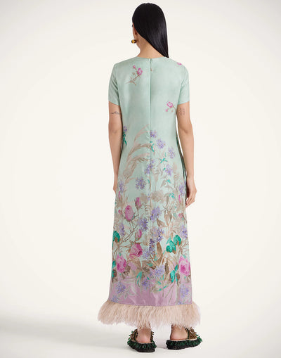 Swing Dress with Feathers - Heath Placée Mint in Silk Twill