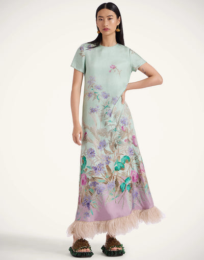 Swing Dress with Feathers - Heath Placée Mint in Silk Twill