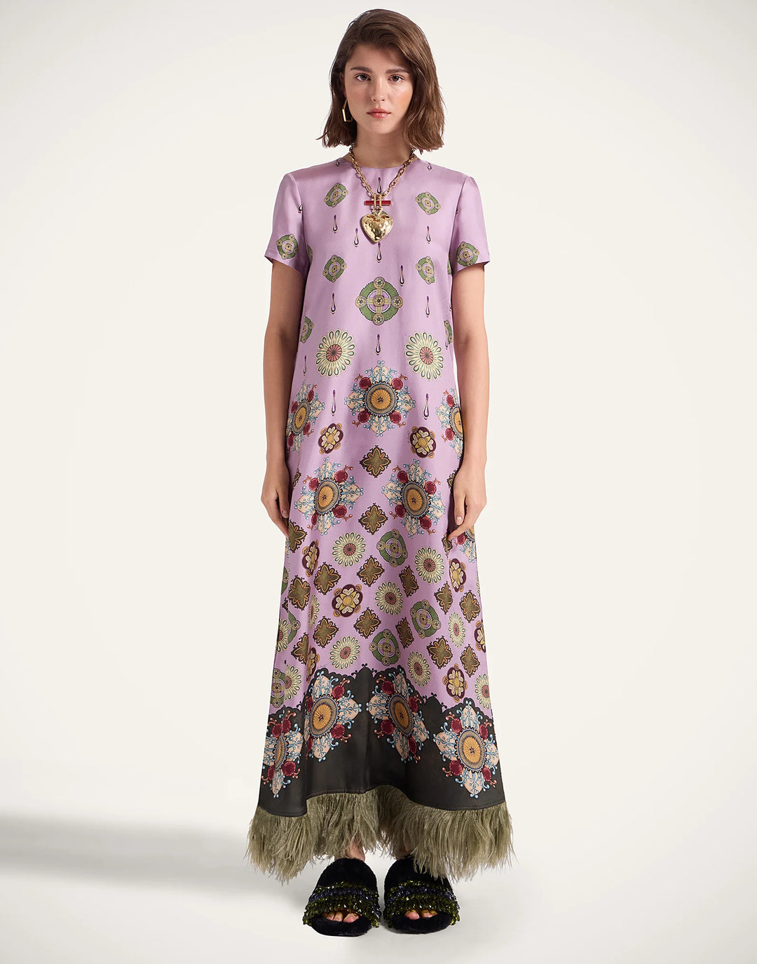 Swing Dress - Nucleus Placée Dusty Pink in Silk Twill With Feathers
