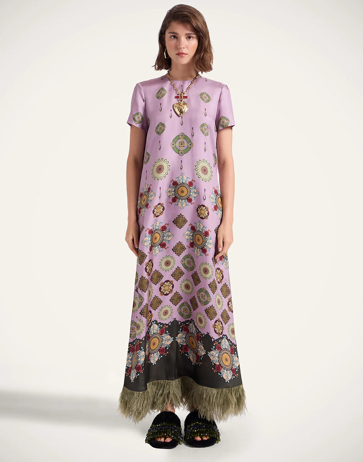Swing Dress - Nucleus Placée Dusty Pink in Silk Twill With Feathers
