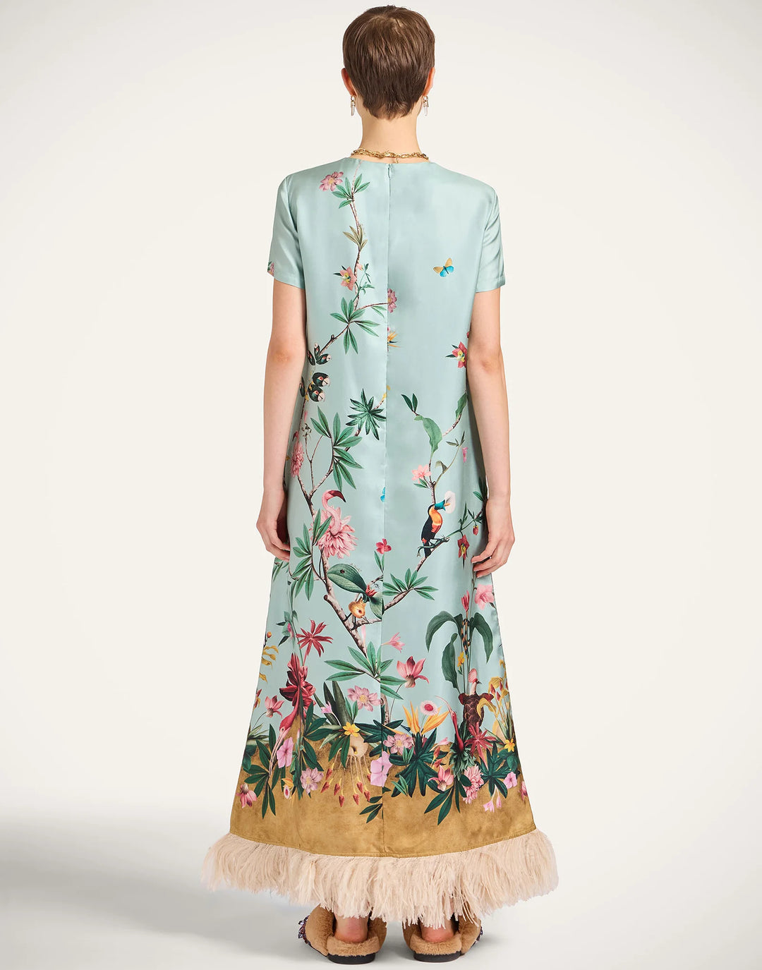 Swing Dress - Zooflora Placée Light Blue in Silk Twill With Feathers