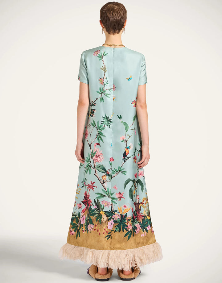 Swing Dress - Zooflora Placée Light Blue in Silk Twill With Feathers