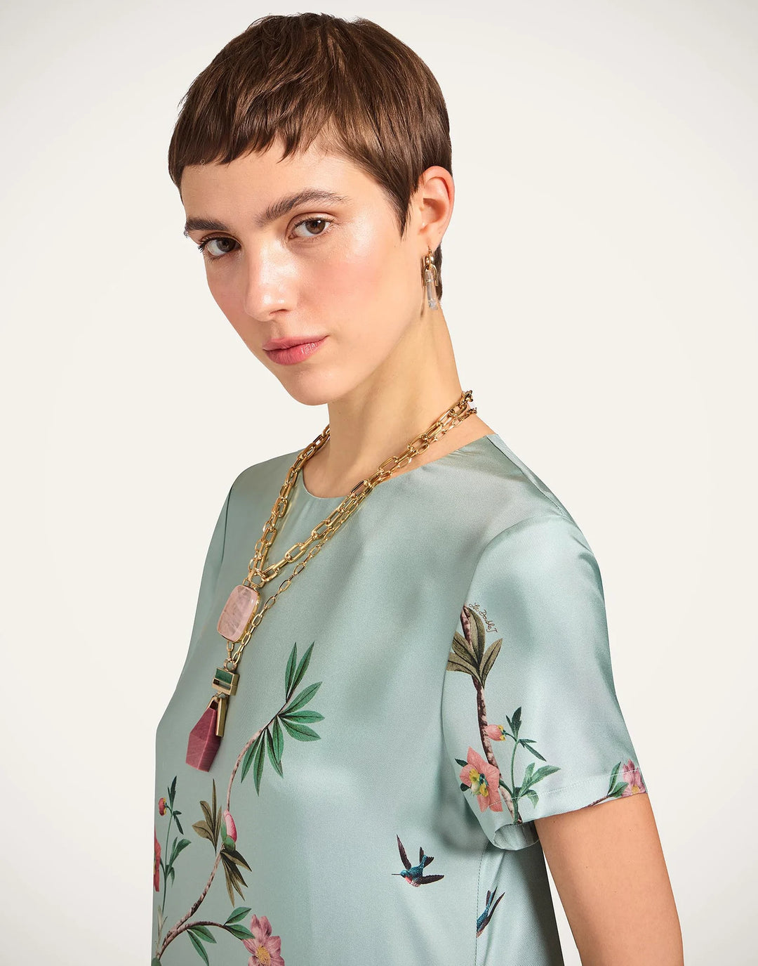 Swing Dress - Zooflora Placée Light Blue in Silk Twill With Feathers