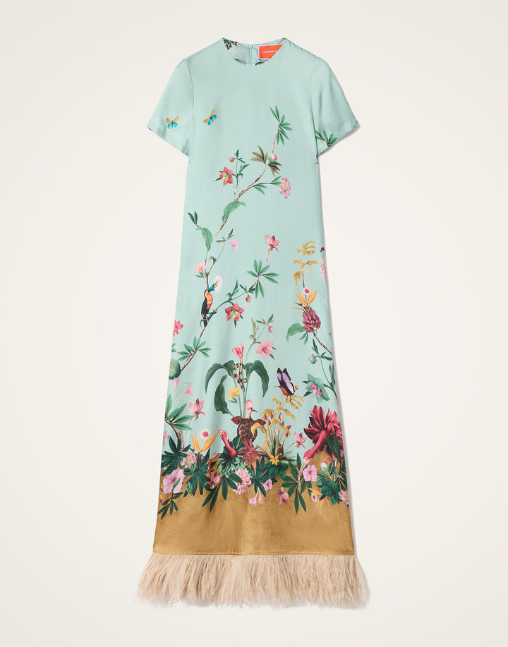 Swing Dress - Zooflora Placée Light Blue in Silk Twill With Feathers