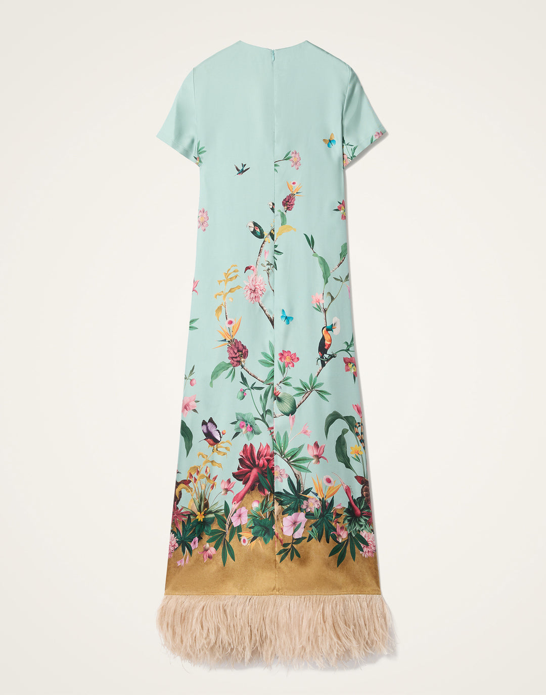 Swing Dress - Zooflora Placée Light Blue in Silk Twill With Feathers