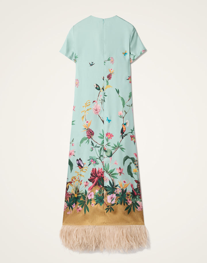 Swing Dress - Zooflora Placée Light Blue in Silk Twill With Feathers