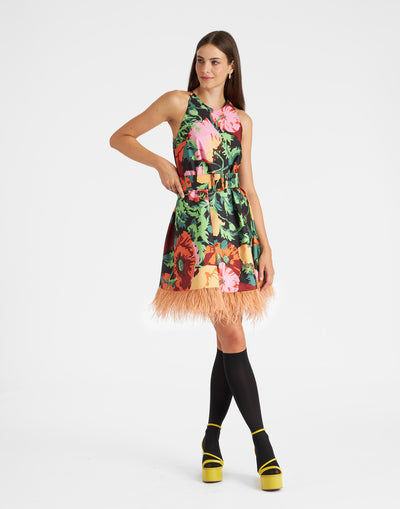 La Fenice Mini Dress With Feathers - Wonderland Black in Faille