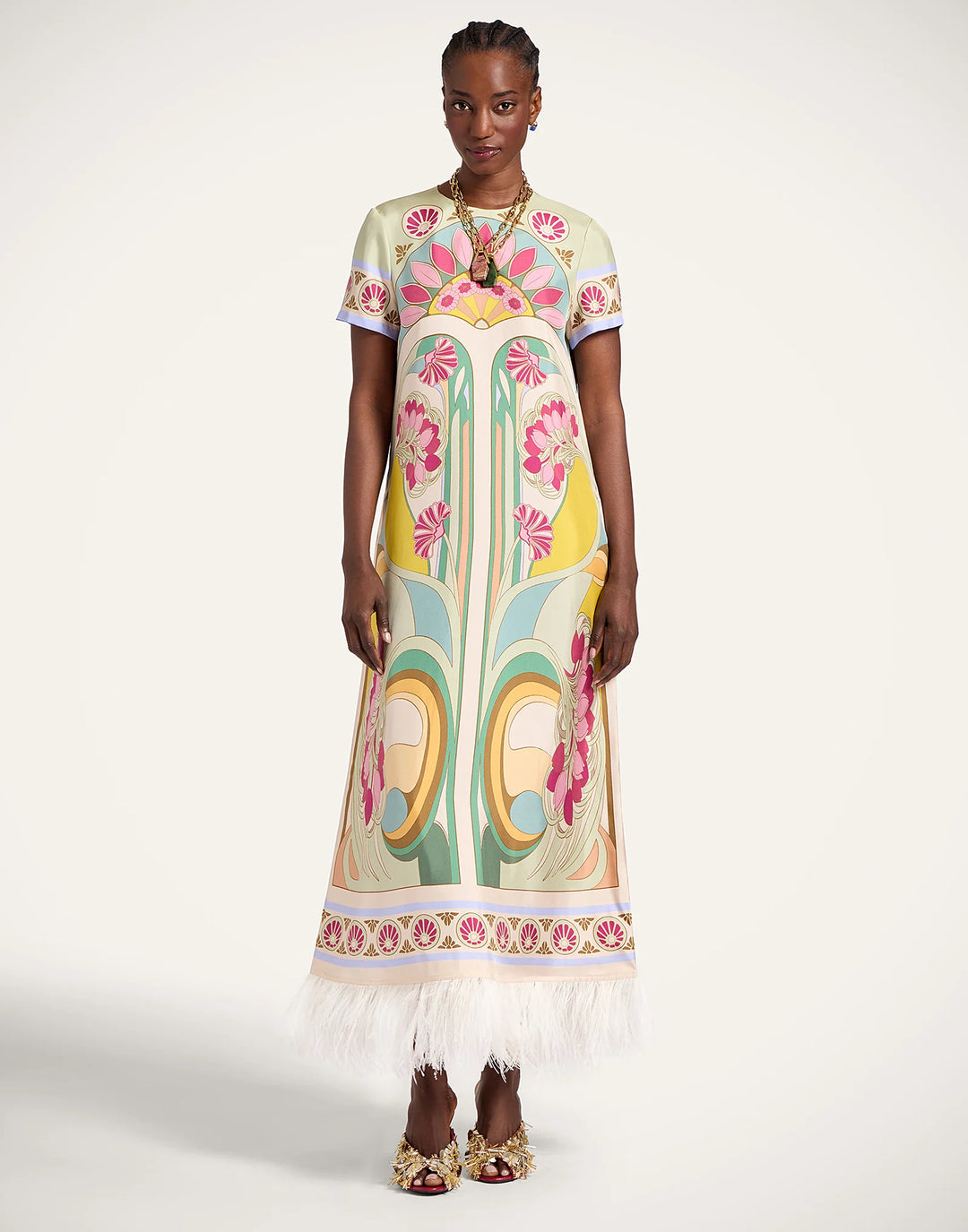 Swing Dress with Feathers - Pink Multi